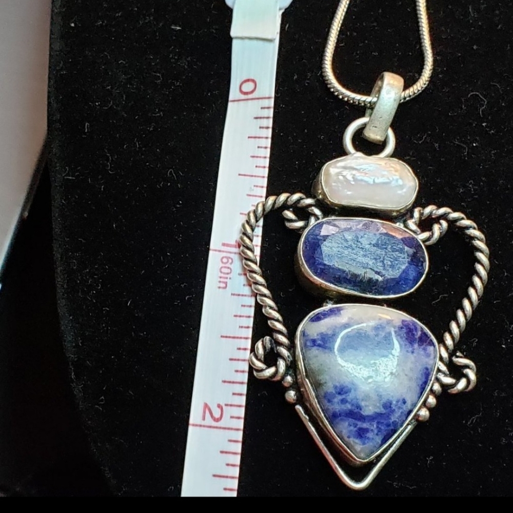 NATURAL LAPIS/ SODALITE/ BOTSWANA PEARL .925 STERLING SILVER NECKLACE